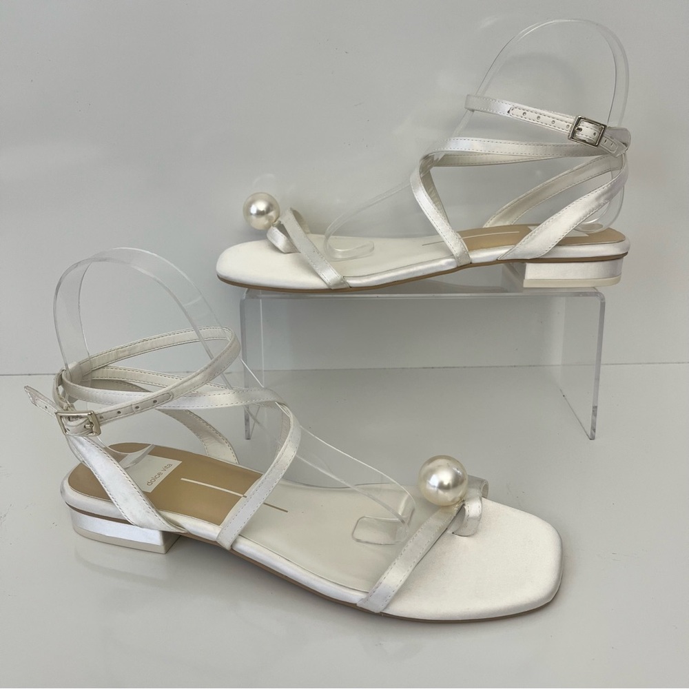 Dolce Vita White Satin Pearl Strappy Flat Sandals Bridal Wedding Size 8.5 - Picture 2 of 13